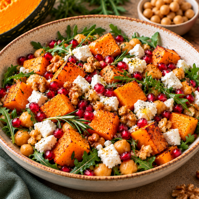 ZUCCA AL FORNO CON FETA, CECI E MELAGRANA