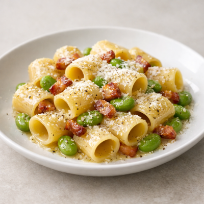 MEZZE MANICHE CON FAVE, GUANCIALE E PECORINO